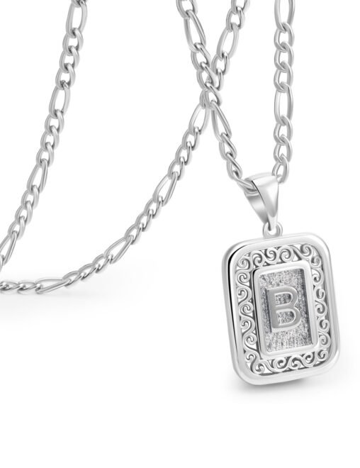 stainless steel initial pendant necklace featuring the letter with intricate scrollwork detailing, perfect for personalized and stylish wear.