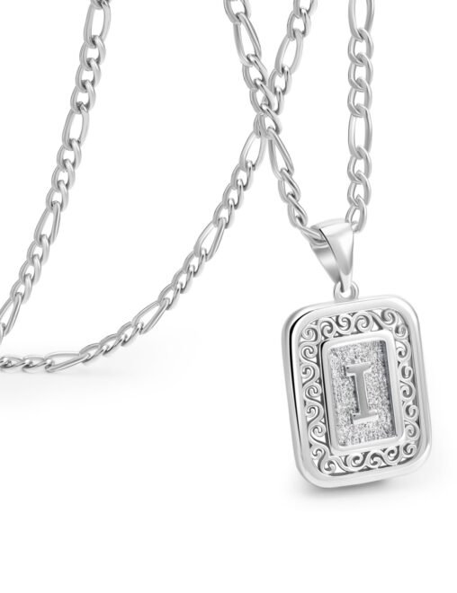 stainless steel initial pendant necklace featuring the letter "A" with intricate scrollwork detailing, perfect for personalized and stylish wear.