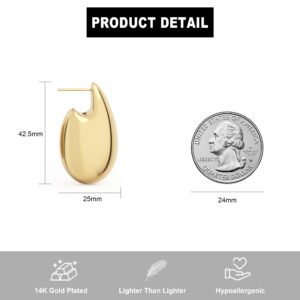 14K Gold Plated Chunky Thick Earrings for Women, Lightweight Irregular Earrings, Hypoallergenic Gold Hoops Trendy Jewelry for Gift