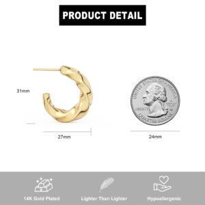 14K Gold Plated Chunky Twisted Puffed Rope Hoop Earrings for Women, Lightweight Open Hoops Earrings, Hypoallergenic Trendy Gold Hoop Earrings